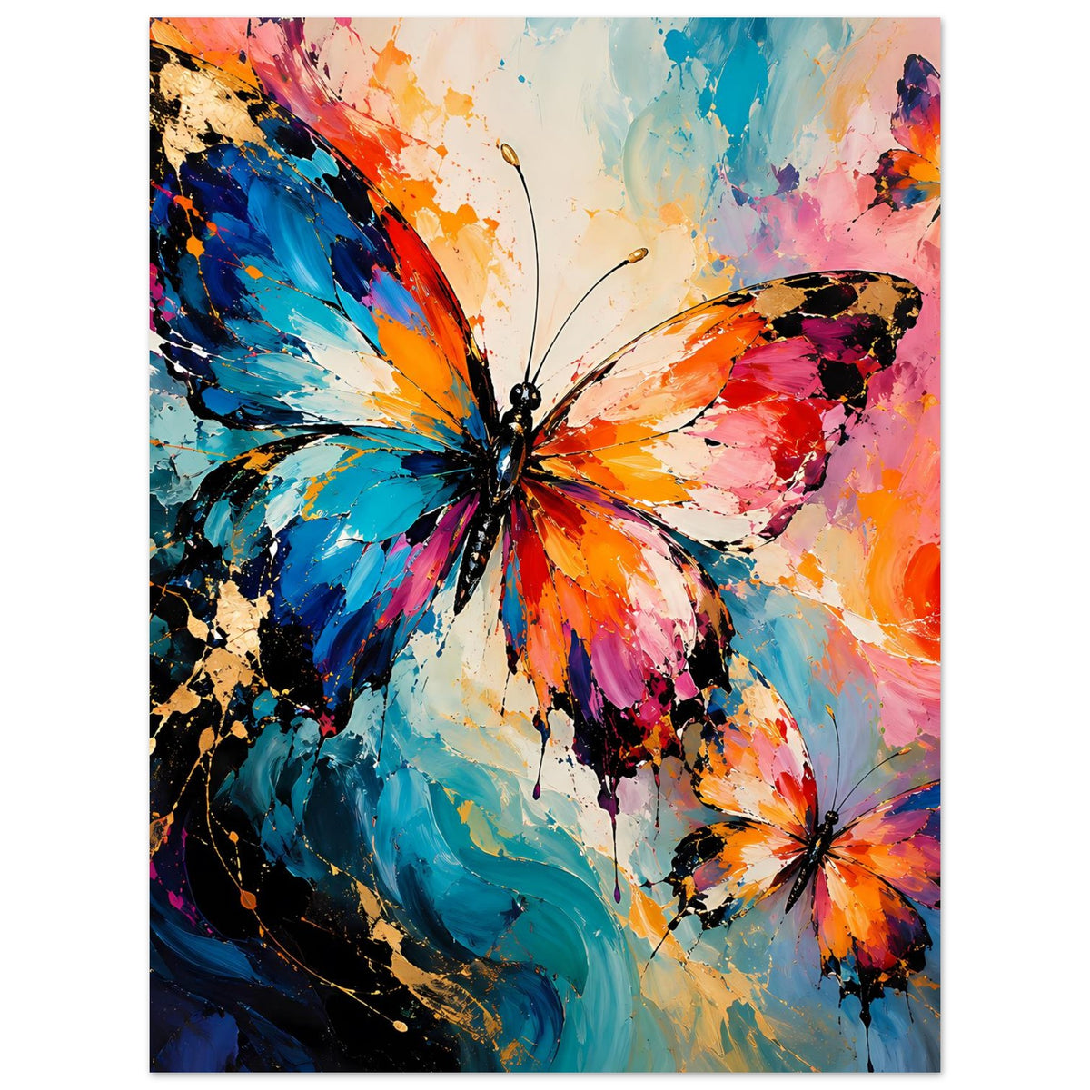 Schmetterlingsposter, vertikal: großer Schmetterling vorn, zweites Tier unten rechts