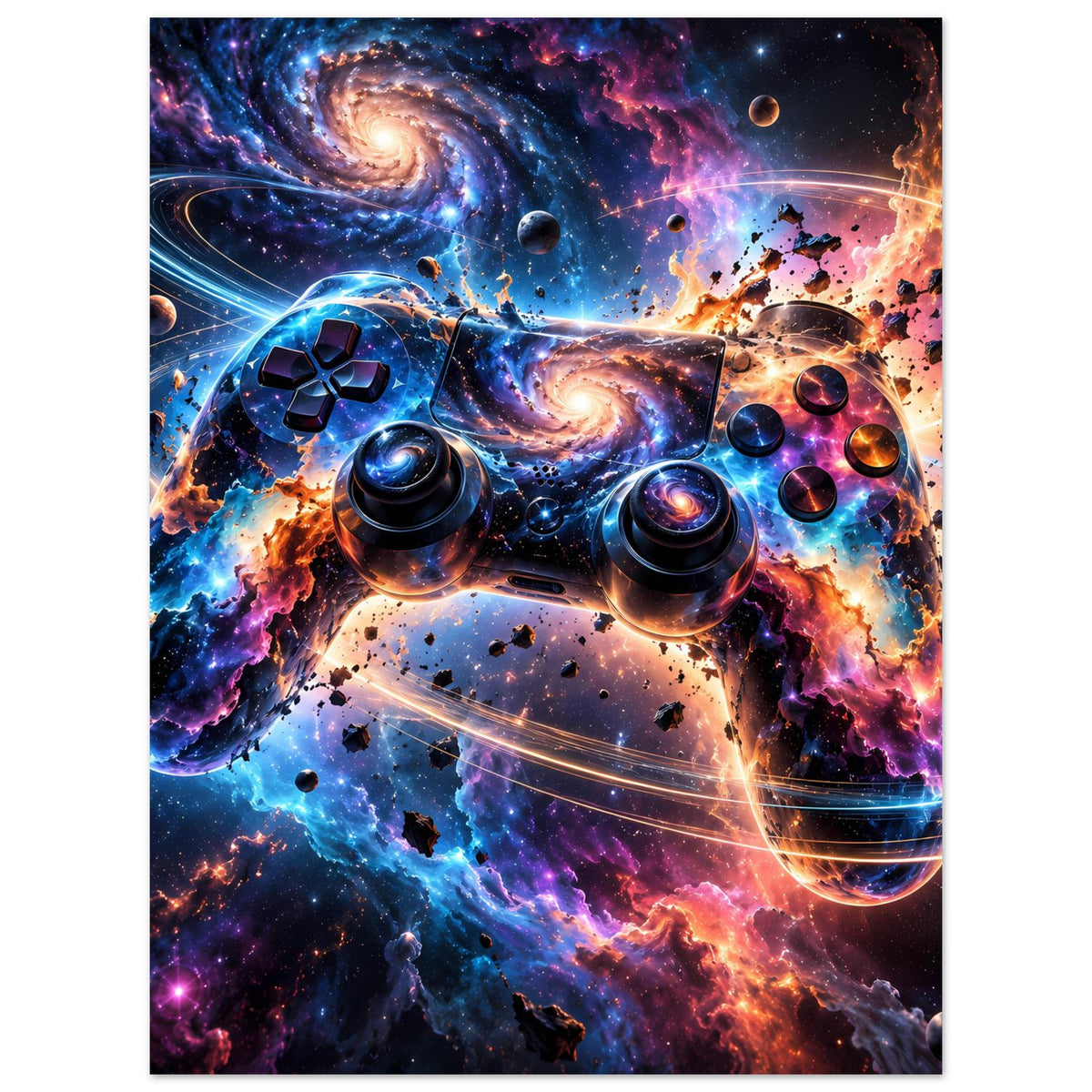 Galaxy-Poster mit Gamecontroller-Motiv, bunte Nebel, Planeten und Sterne