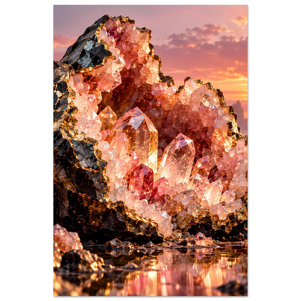 Vertikales Poster mit leuchtender Kristall-Geode in Rosa- und Bernsteintönen