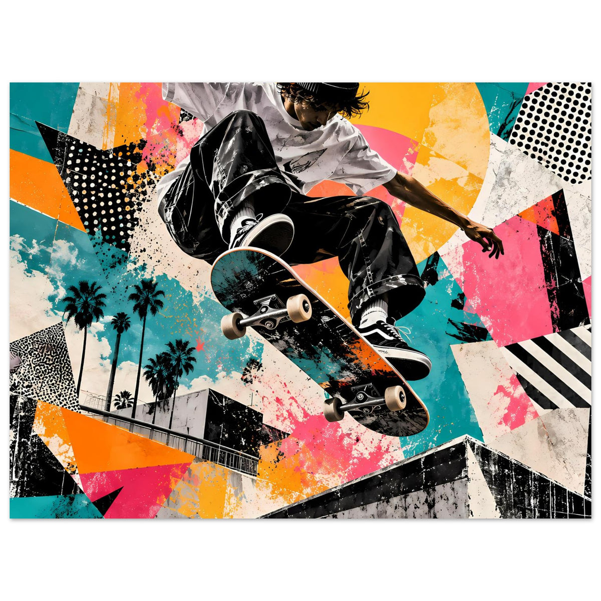Horizontales Street-Art-Poster mit Skateboarder, Neonfarben und geometrischen Farbflächen