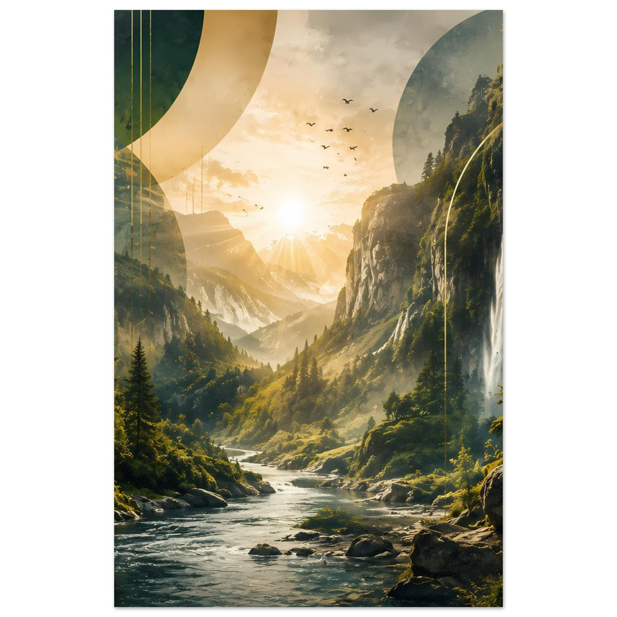 Landschaftsposter im Hochformat: Berge, Fluss und Wasserfall mit goldenem Leuchten