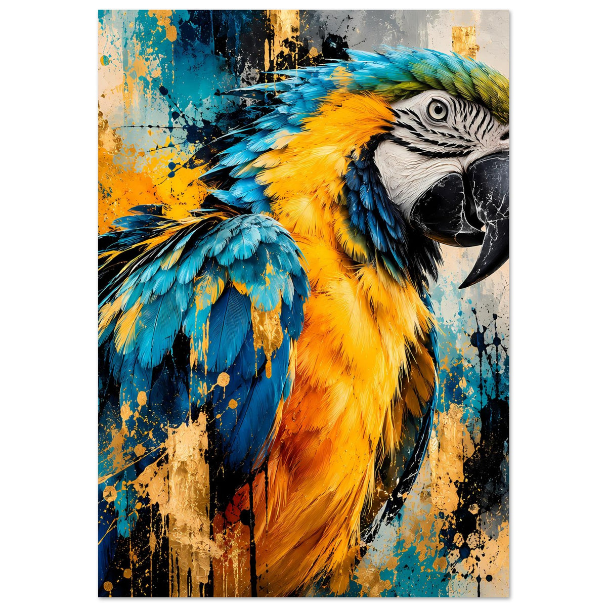 Papagei-Kunstposter mit kräftigen Farben, Papageienkopf und Flügel im Hochformat.