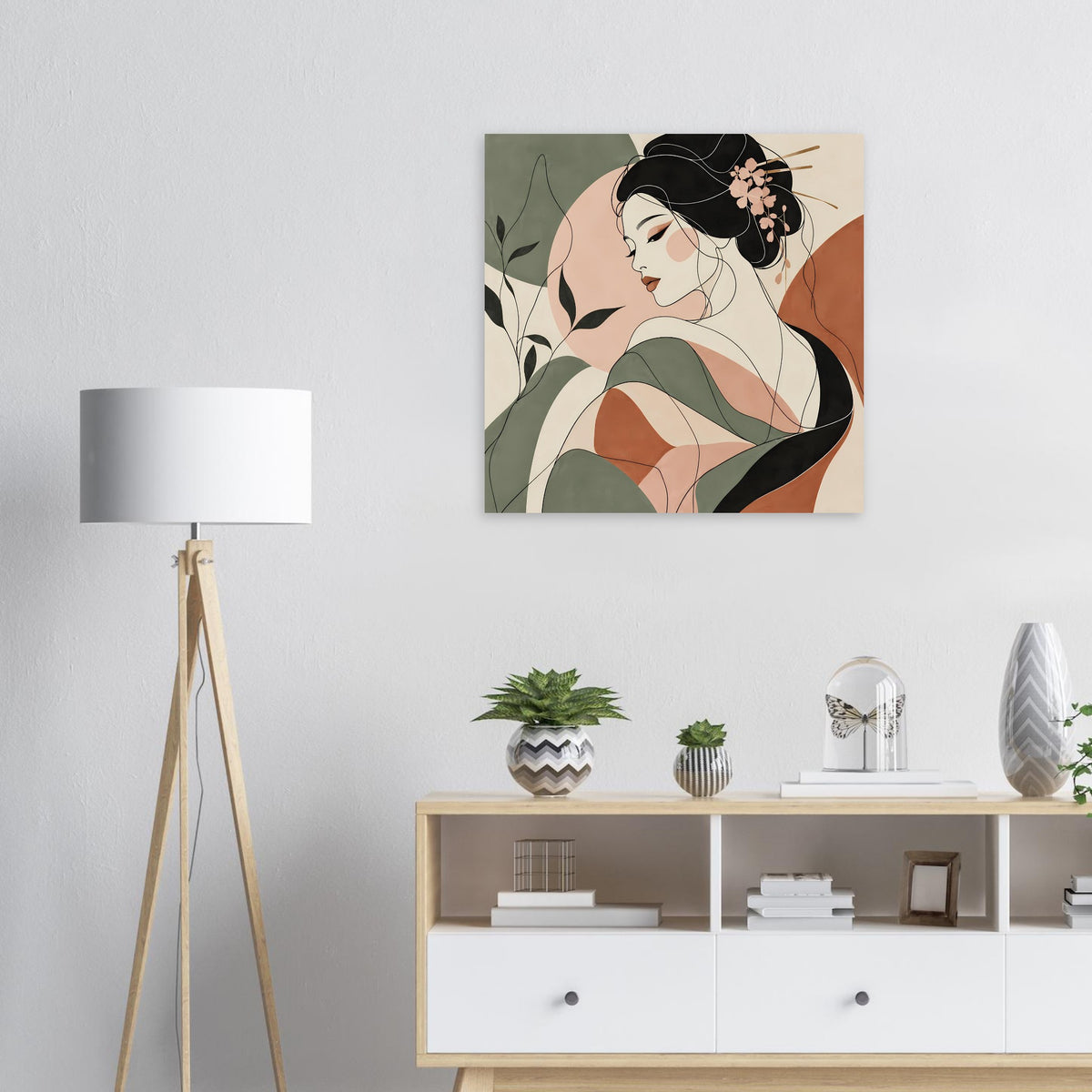 Poster mit Geisha als Linienkunst, abstraktes Gesicht und florale Elemente im Retro-Stil