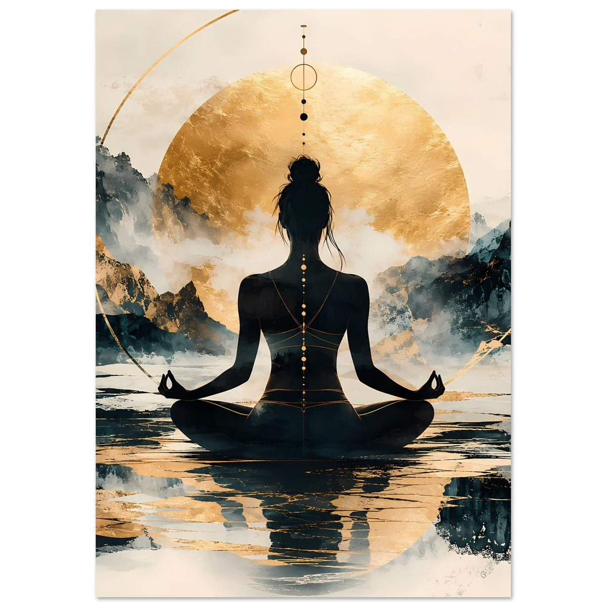 Meditationsposter: schwarze Figur im Meditationssitz mit Perlenkette und goldener Lichtscheibe