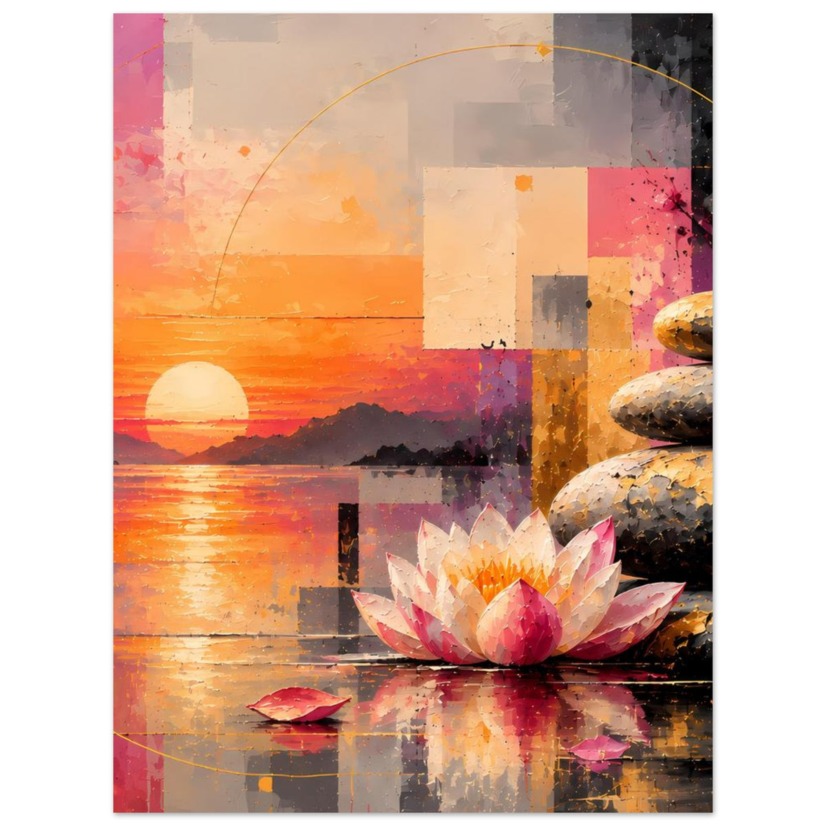 Abstraktes Poster mit Sonnenuntergang, Lotusblüte und Zen-Steinen rechts, Spiegelung im Wasser