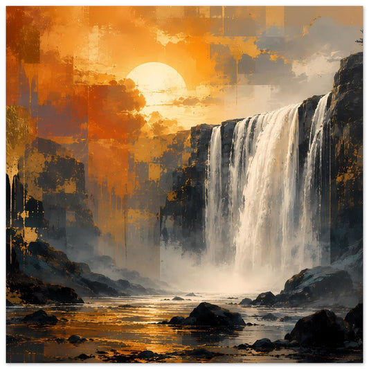 Wasserfall-Sonnenuntergang Poster mit orangefarbenem Himmel und weißem Wasserstrahl