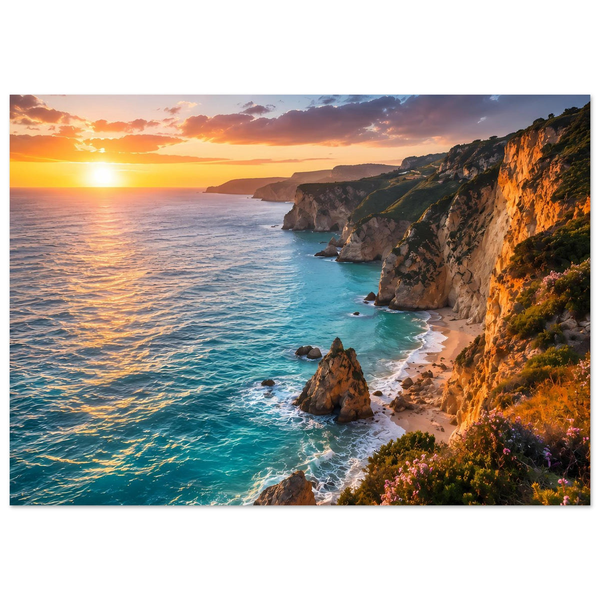 Poster mit Sonnenuntergang an felsiger Küste, türkisblauem Wasser und Wolkenhimmel