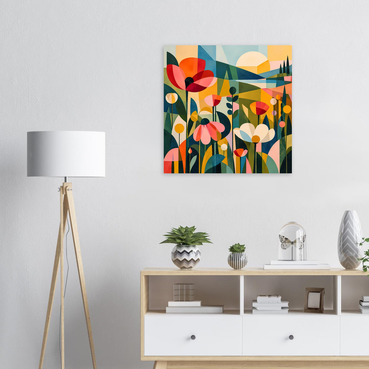 Quadratisches Blumenposter im Abstraktstil mit bunten Blüten und Kreisformen