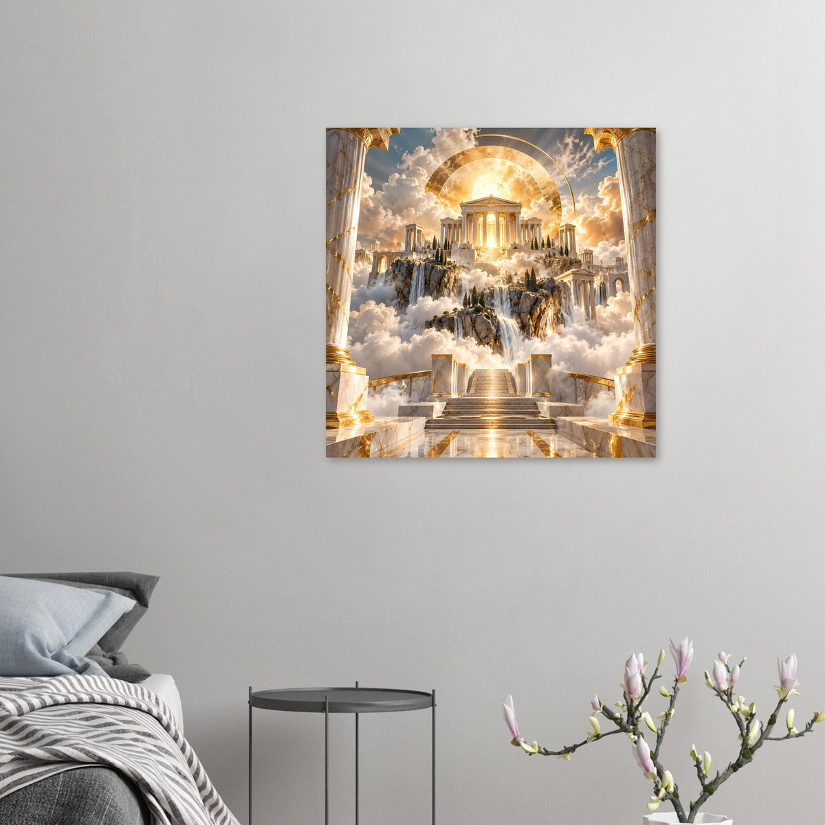 Kleines Posterbild mit goldener Tempelanlage, Wasserfall und Sonnenring