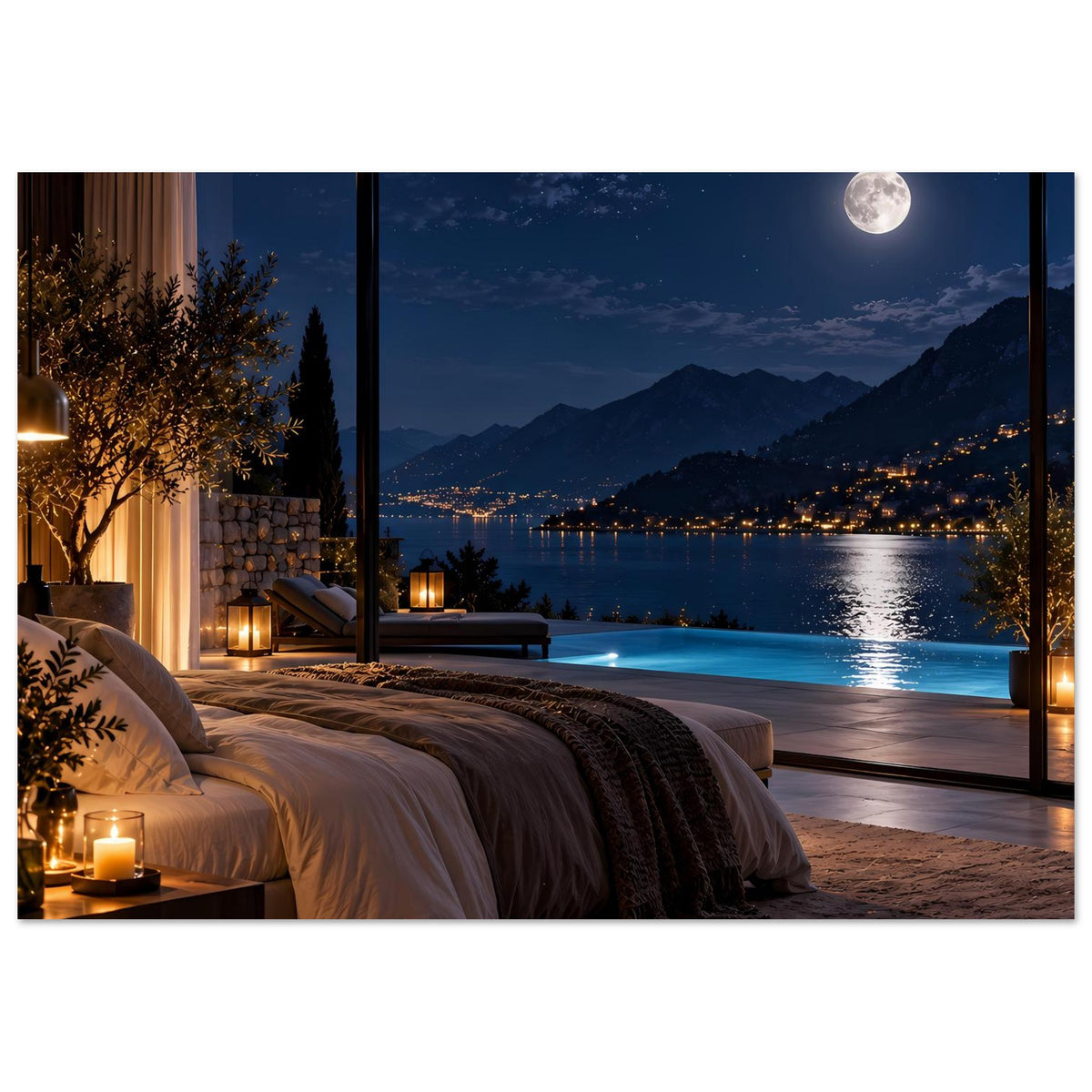 Breiter Posteranschnitt: Bett und Fenster, Mond am Nachthimmel, beleuchtete Küste