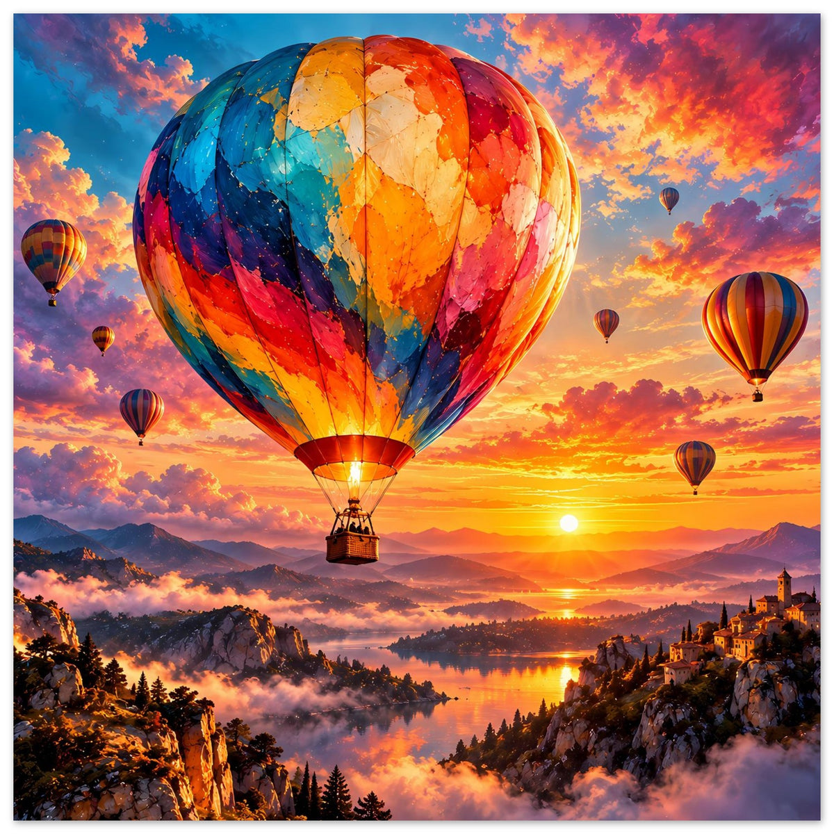 Poster mit mehreren Heißluftballons, weite Sonnenuntergangslandschaft mit Dunst