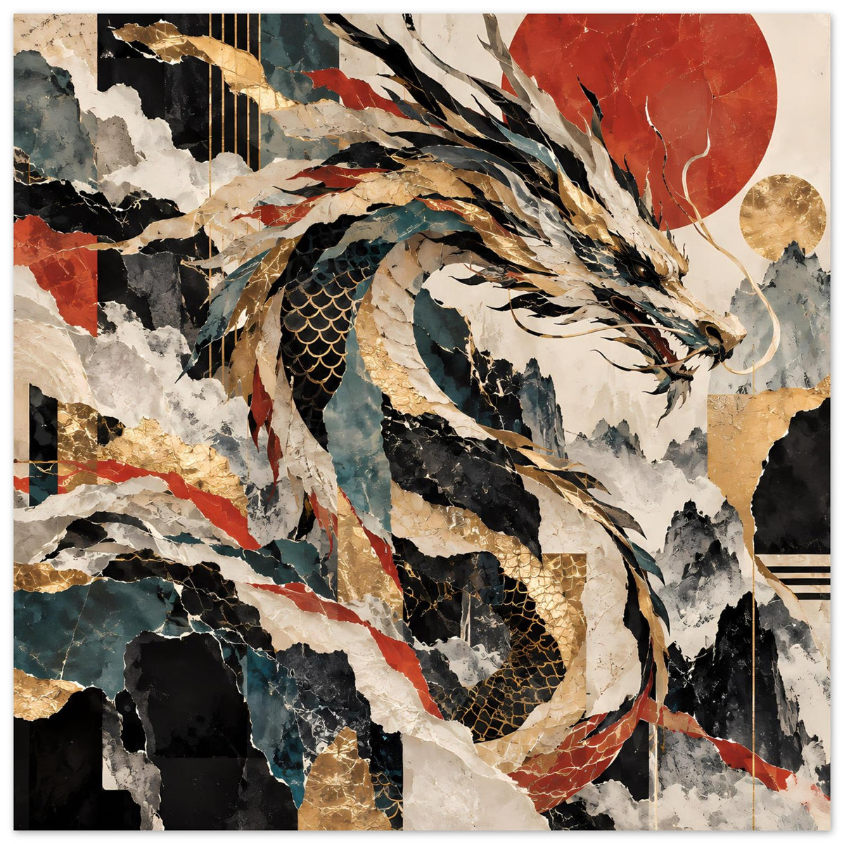 Drachen-Poster im Rahmen, abstraktes Drachenauge und Schuppen, horizontal, goldene Akzente