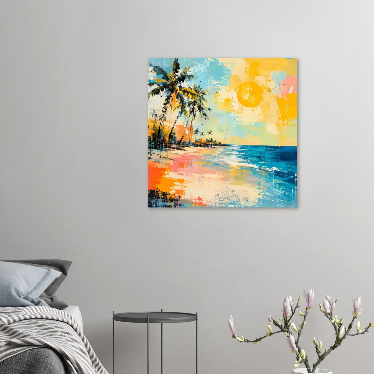 Kleines tropisches Strand-Poster mit Palmen, gelber Sonne und blauem Meer, abstrakt bunt