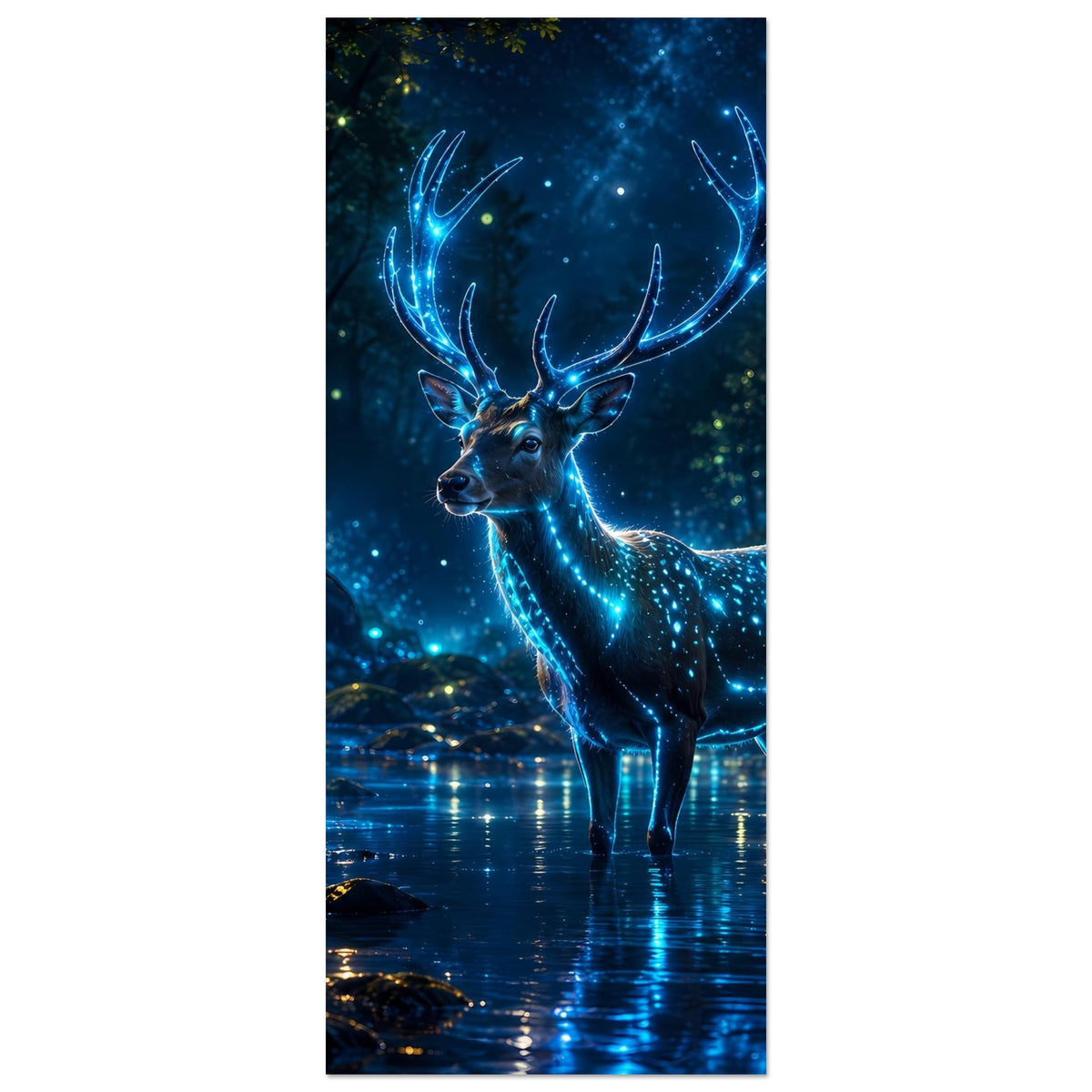 Poster im Hochformat: leuchtender Hirsch mit glühendem Geweih im Wald am Wasser, blau