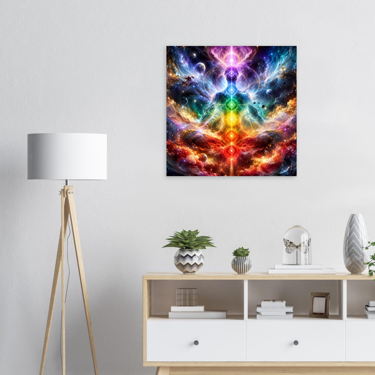 Chakra-Meditationsposter mit leuchtender Regenbogen-Energie und Mandala im Weltraum
