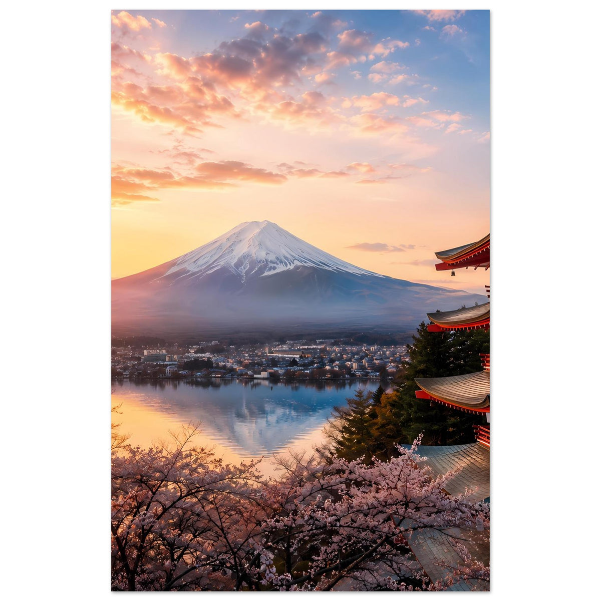 Landschaftsposter mit Fuji, Kirschblüten und Tempel rechts, ruhiger See im Abendlicht