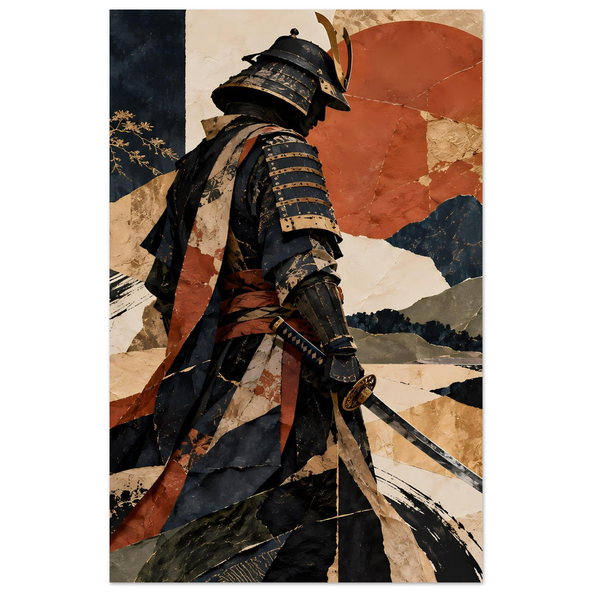 Poster mit Samurai-Silhouette im Hochformat, Helm und Rüstung über abstrakten Landschaftsformen