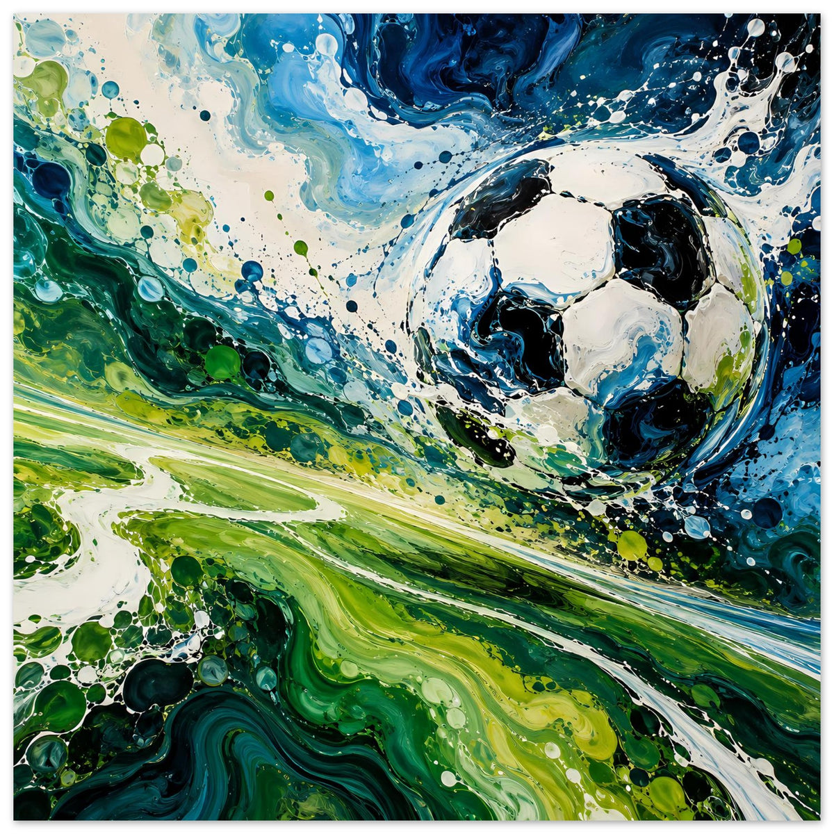 Fußball-Kunstposter im Querformat mit abstraktem Blau-Grün-Design, Ball im Vordergrund