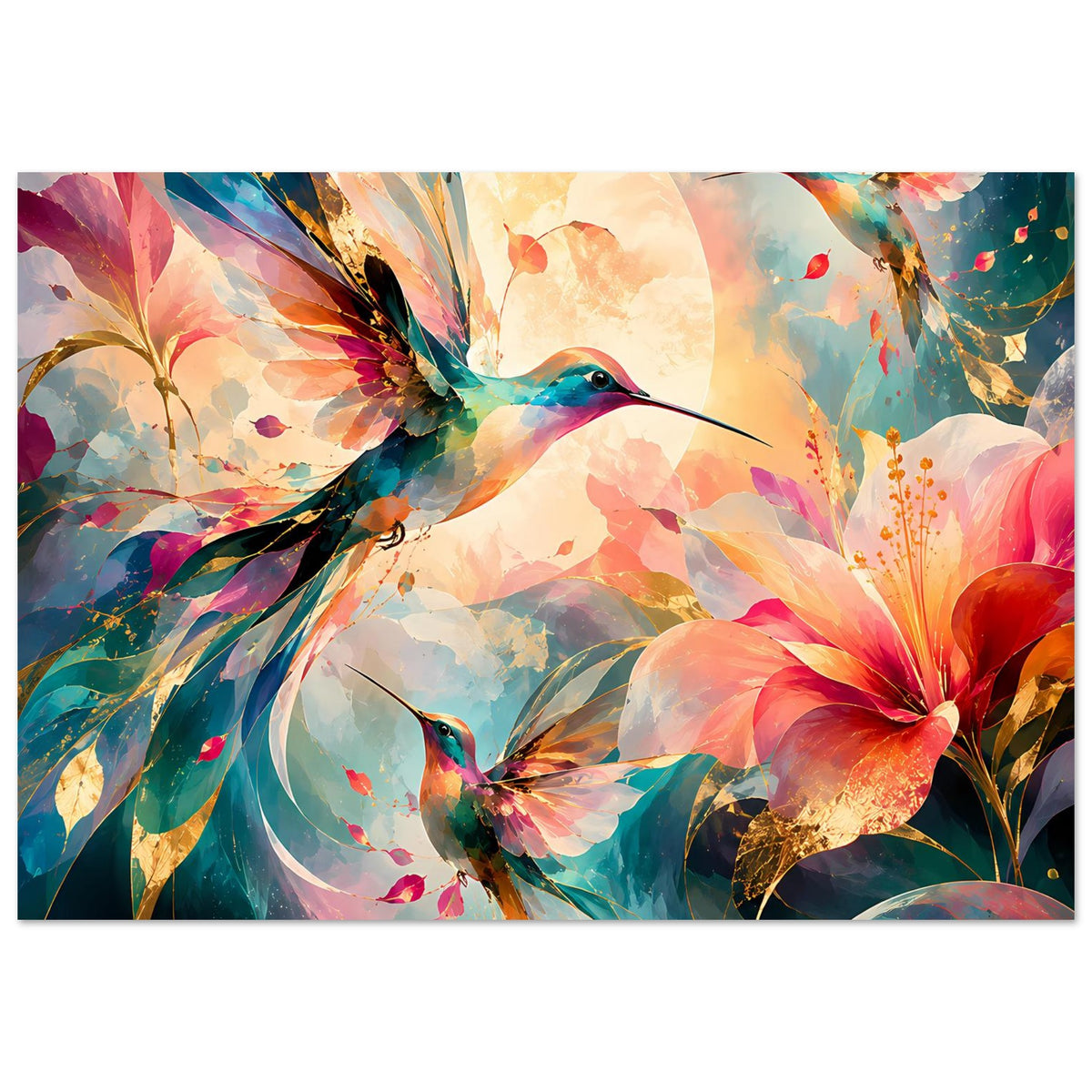 Kunstposter mit leuchtenden Kolibris und bunten Blüten, abstraktes Aquarellmotiv