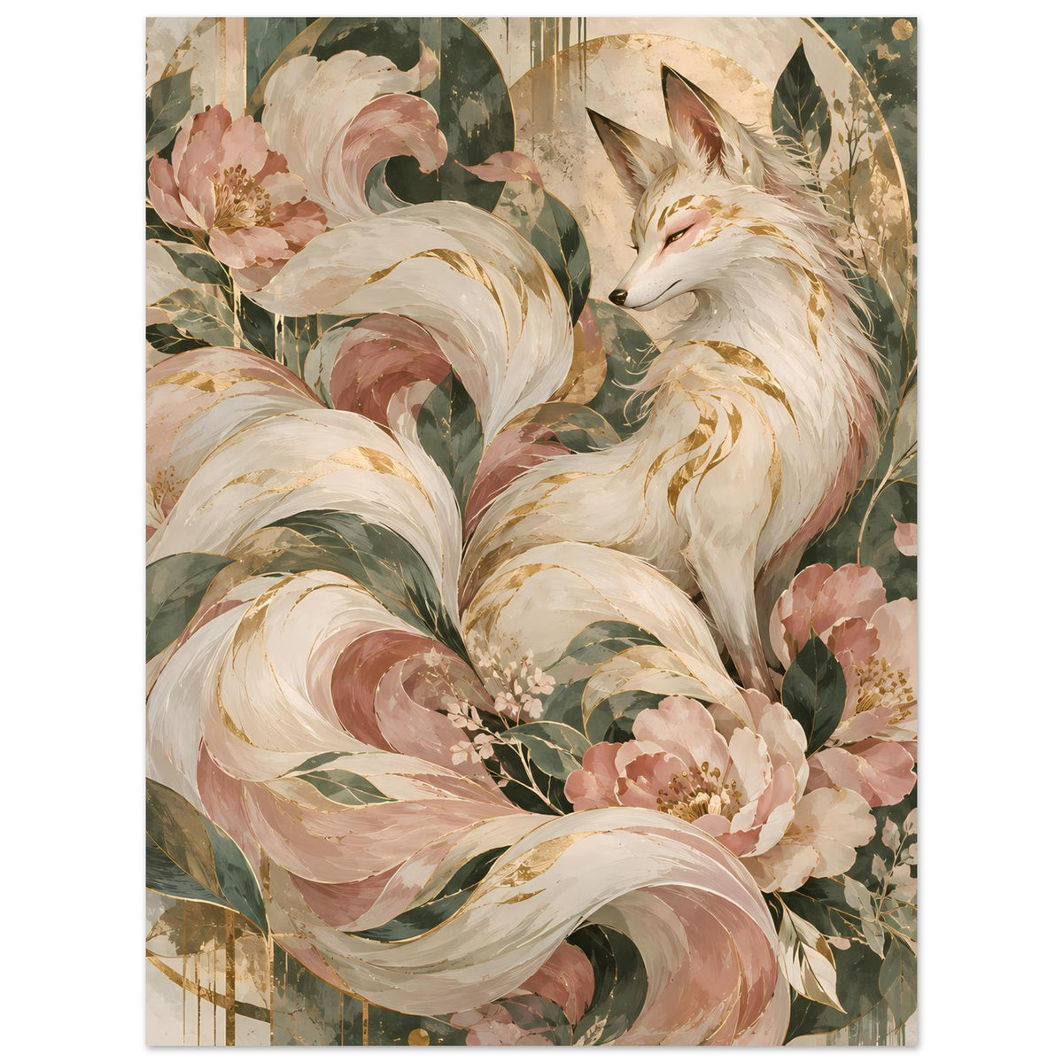 Vertikales Poster mit Fuchsmotiv in Rosé-, Grün- und Goldtönen