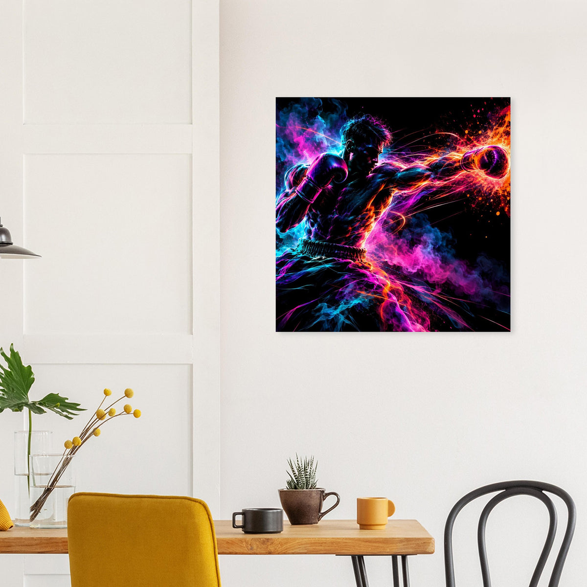 Quadratisches Poster mit Neon-Boxer in Szene, leuchtende Farben und abstrakte Energieeffekte