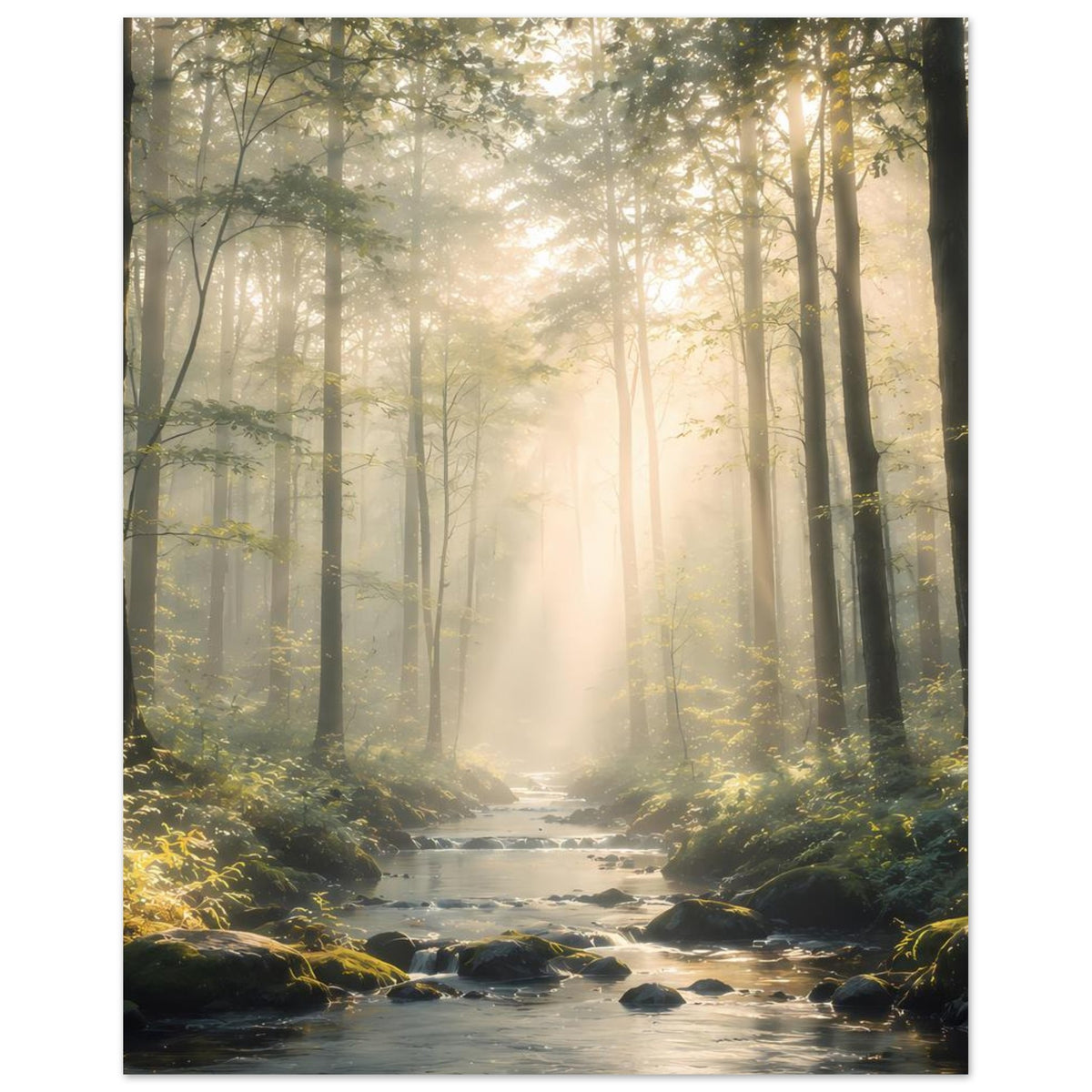 Naturposter hochkant: stiller Bach im Nebelwald mit Lichtstrahlen zwischen Bäumen