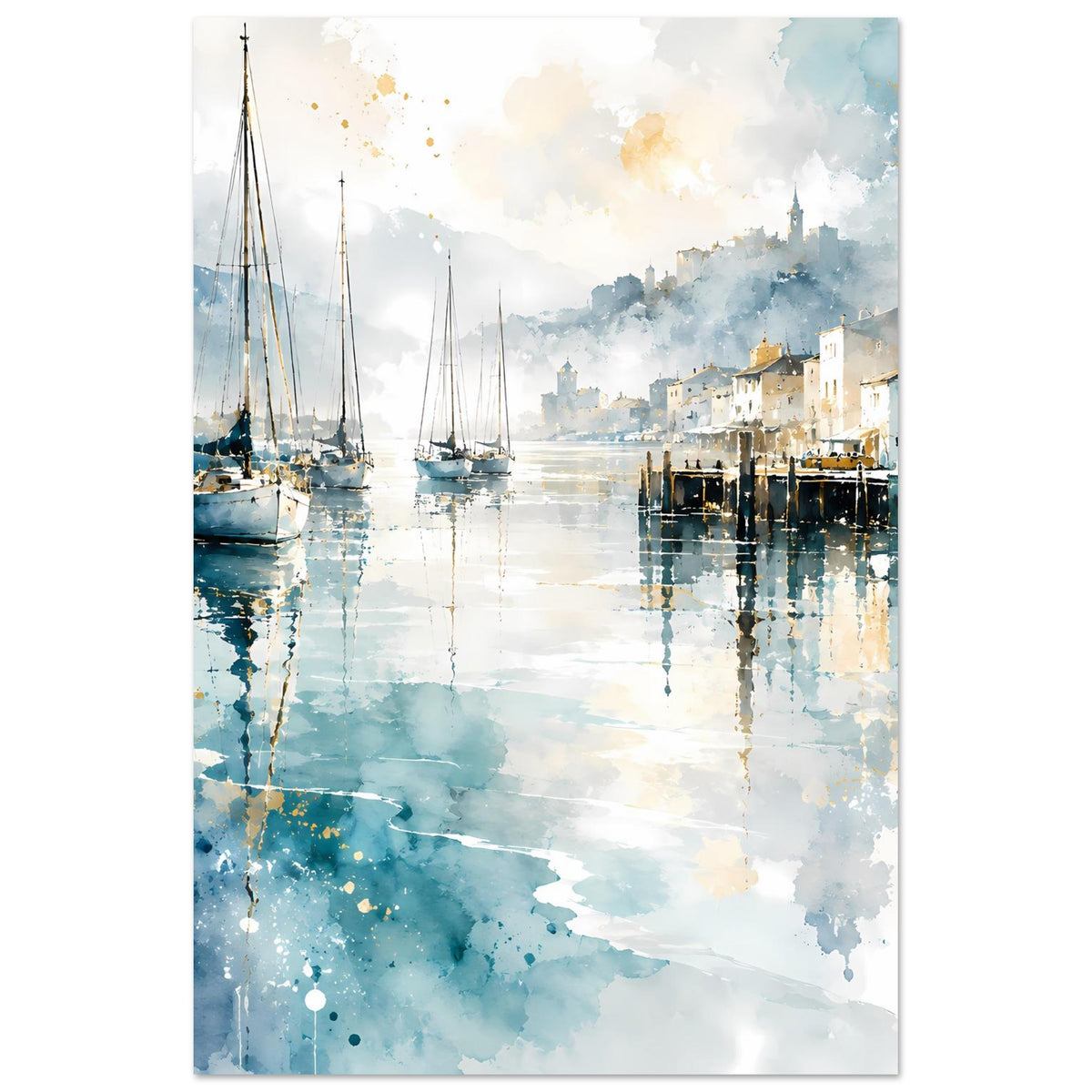 Maritimes Aquarell-Poster: Segelboote im Hafen, Spiegelungen im Wasser, Blautöne.