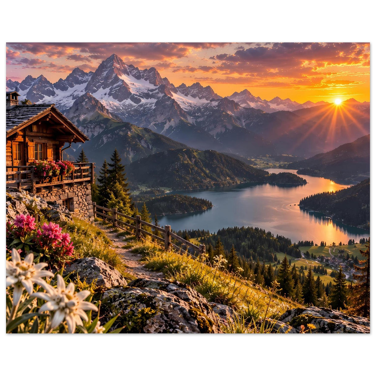 Poster mit Alpenlandschaft: kräftiger Sonnenuntergang, Bergpanorama, See, Chalet und Blumen