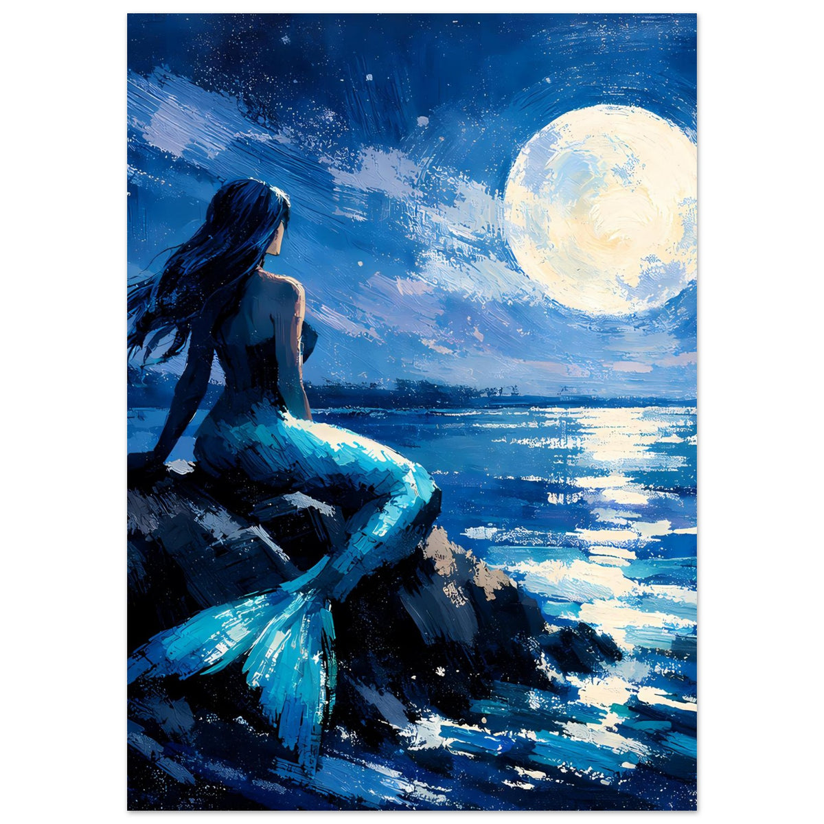 Kunstposter: Meerjungfrau in blauen Farbtönen, sitzend am Wasser unter hellem Mond