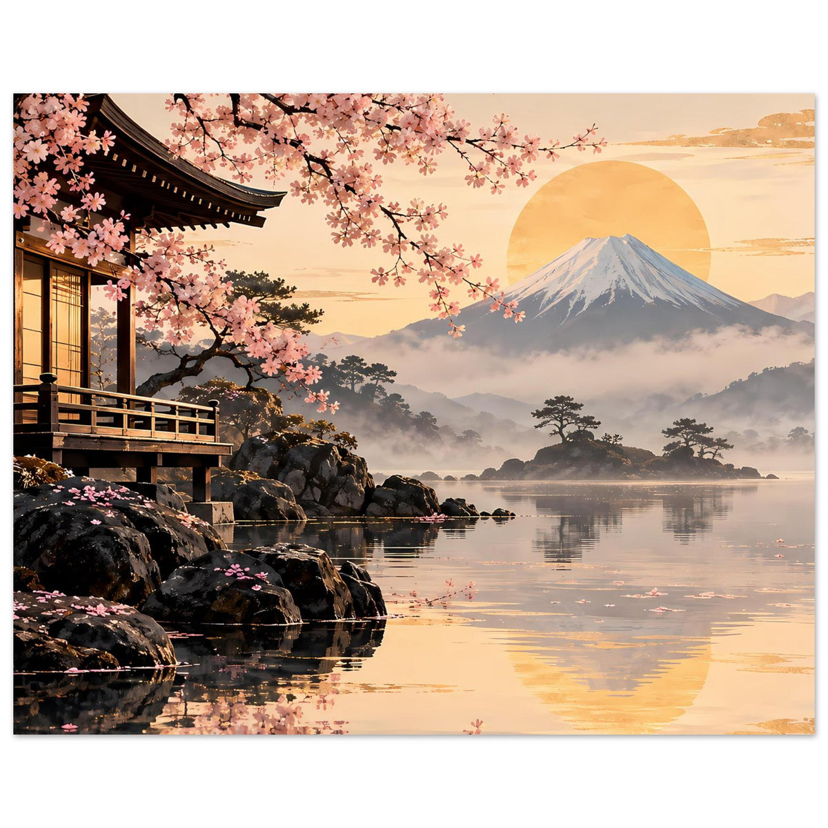 Sakura-Wandposter im Querformat: Kirschblüten, Tempel am Ufer, Fuji und goldene Reflexion