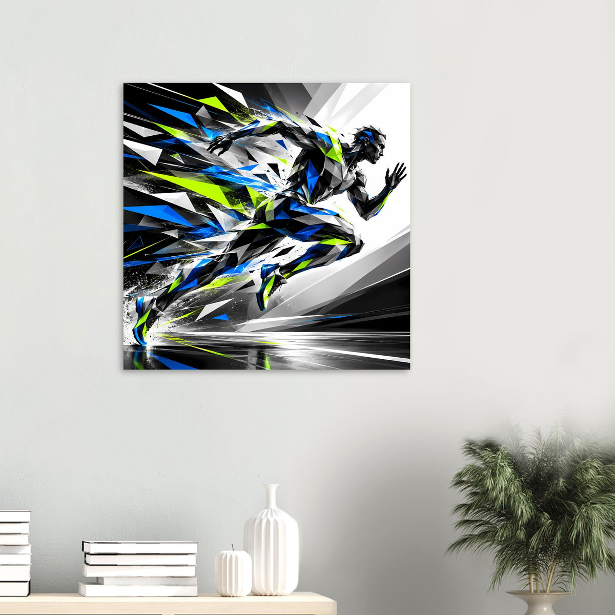 Gerahmtes Laufkunst-Poster mit laufender Silhouette, Blau, Schwarz und Neongrün-Akzenten.