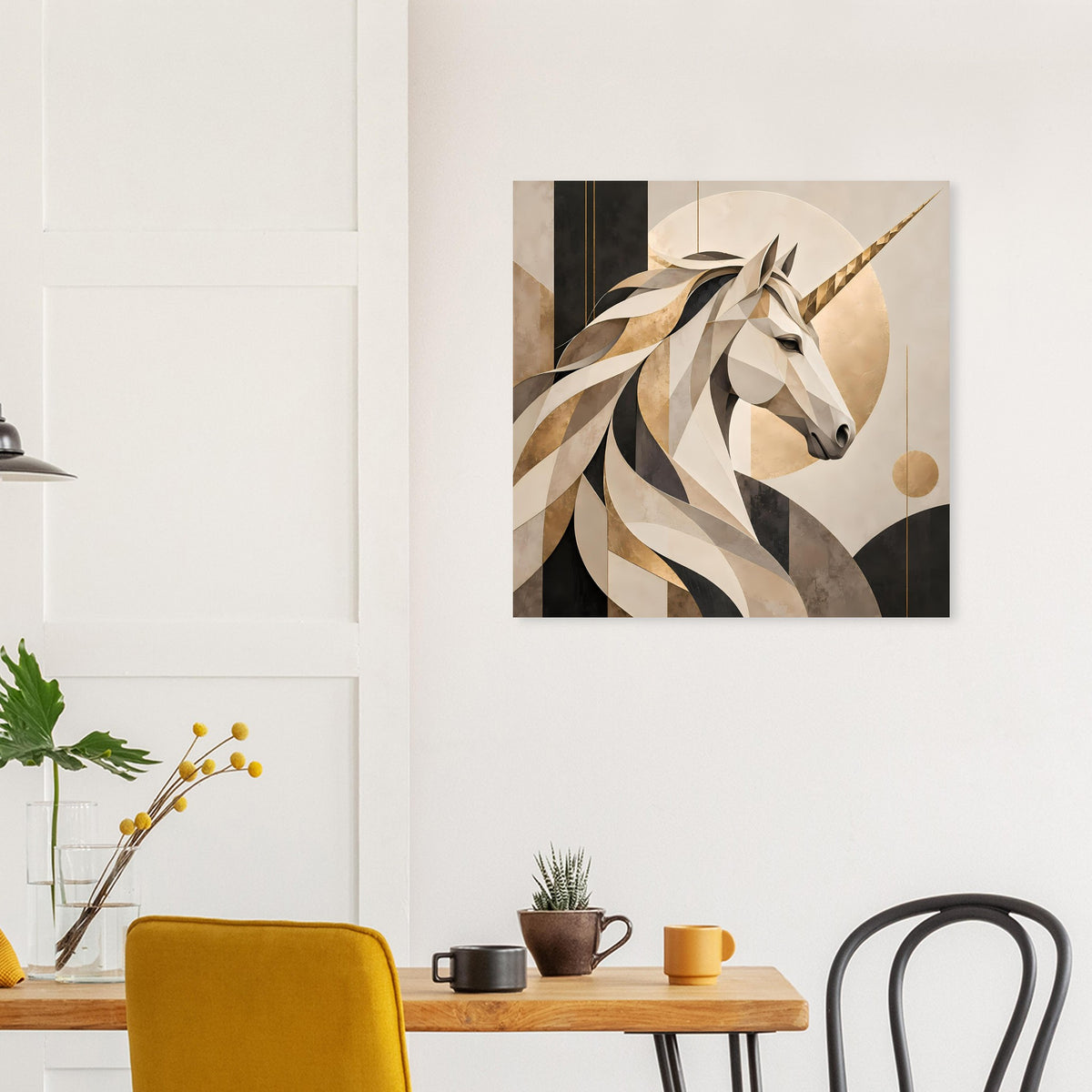 Poster mit Einhorn-Porträt, abstrakte Flächen in Creme, Beige und Dunkelgrau.