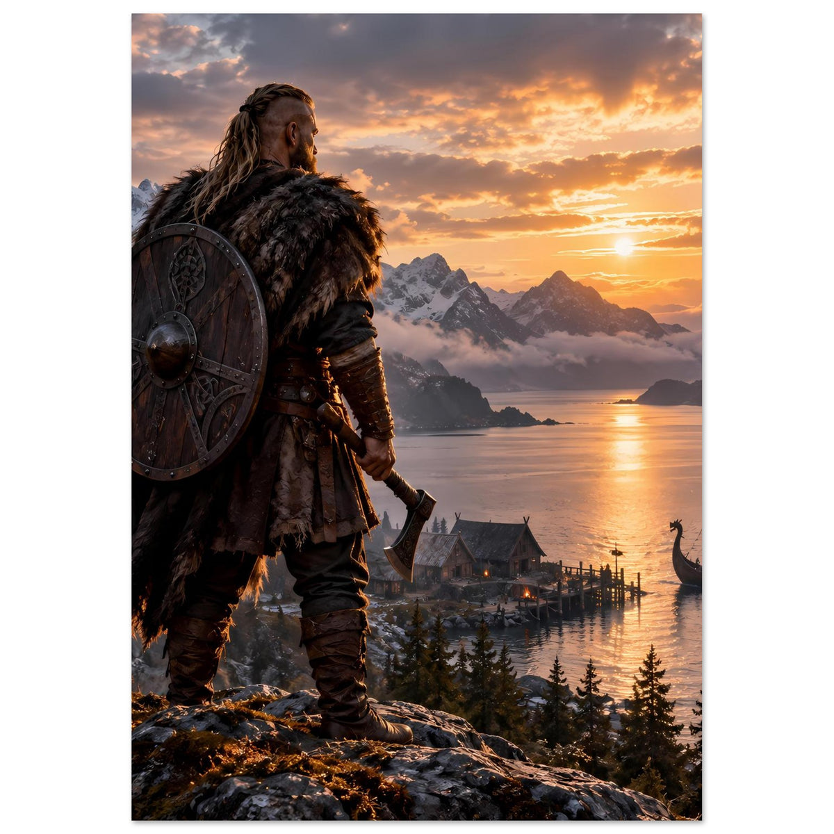 Wikinger-Poster mit Rundschild und Axt, Sonne über Fjord, Berge im Hintergrund