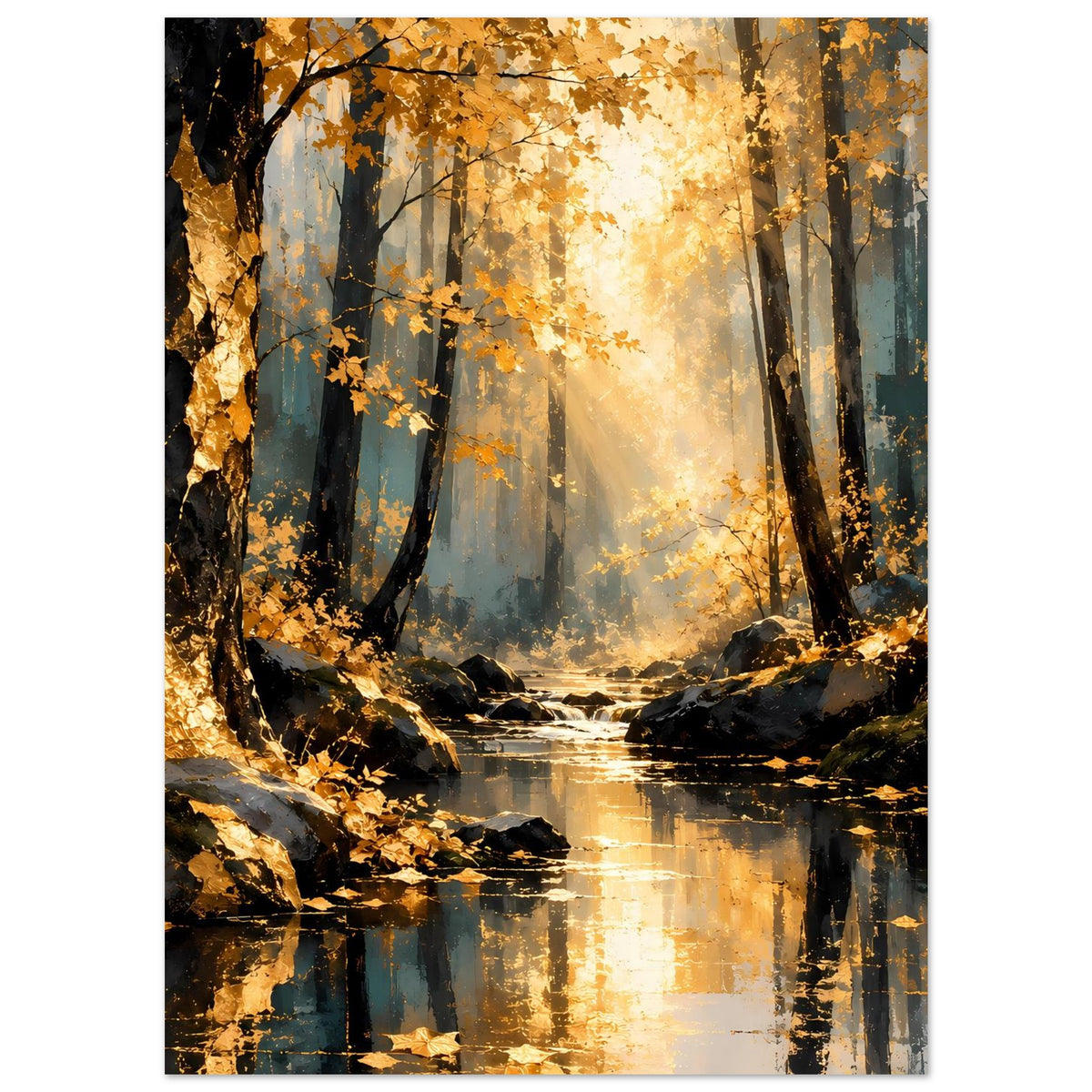 Herbstwald-Poster vertikal mit goldenem Licht, Bäumen und Wasserlauf