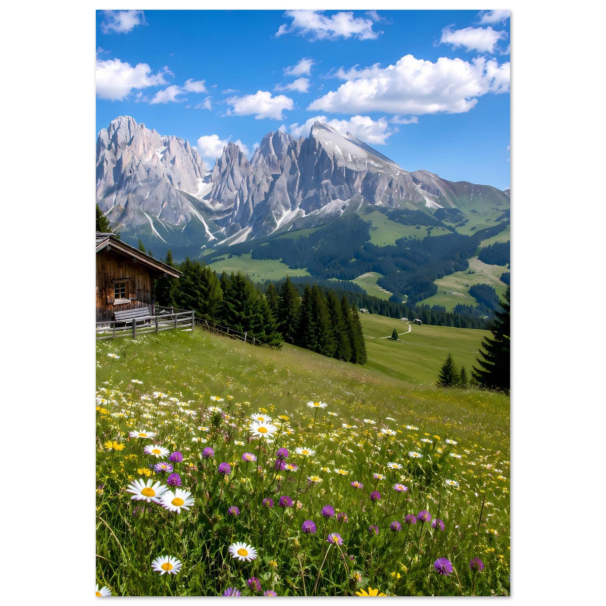 Landschaftsposter im Hochformat: Berghütte links, Blumenwiese und schneebedeckte Alpenberge.