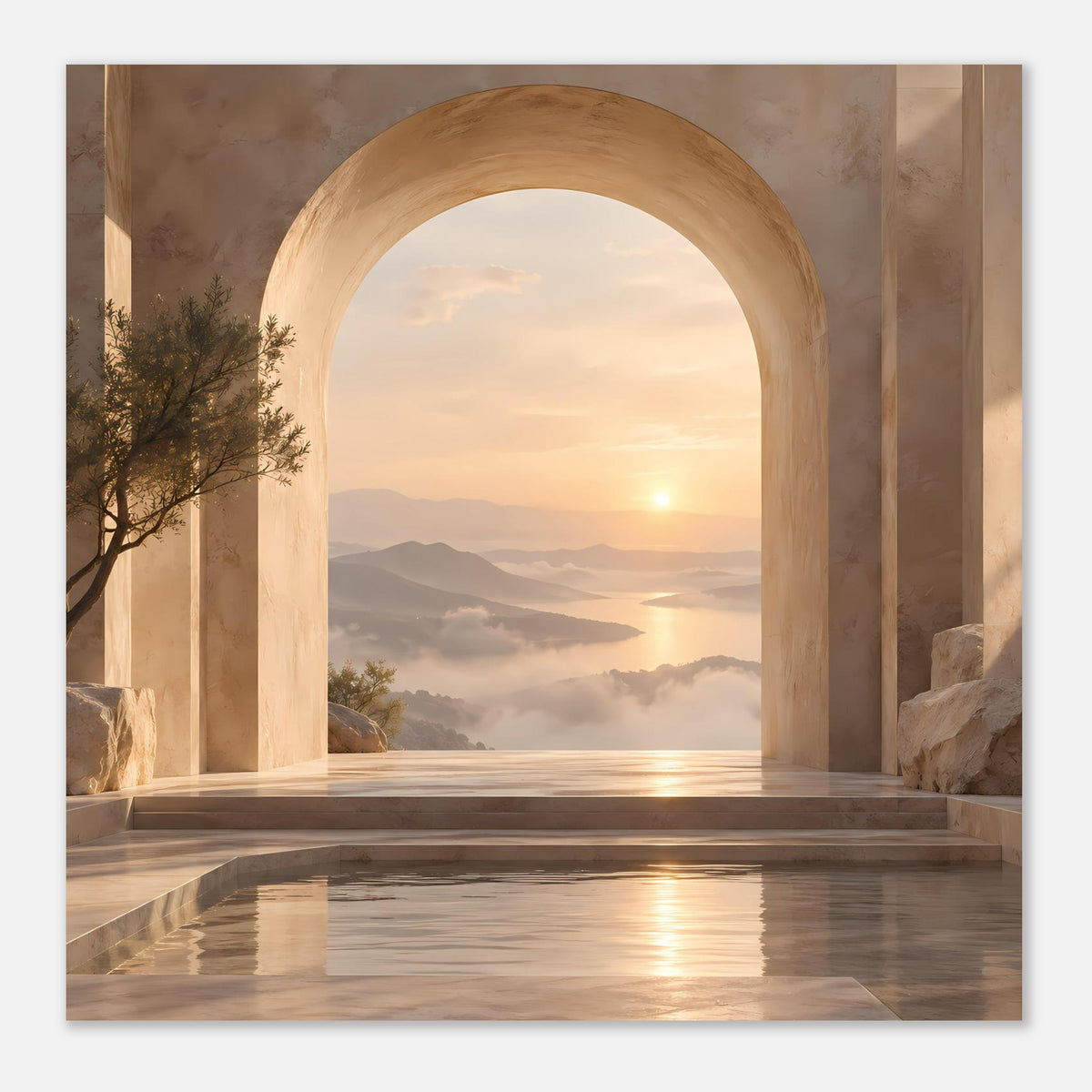 Poster mit bogenförmiger Öffnung, Sonnenuntergang über Landschaft und Wasserreflexionen