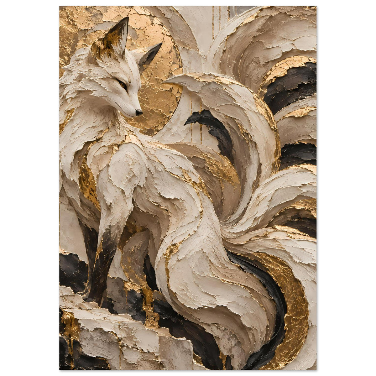 Kunstposter mit Fuchs-Motiv, vertikale Ansicht; cremefarbene Fassade mit Gold- und Dunkelbraunflächen