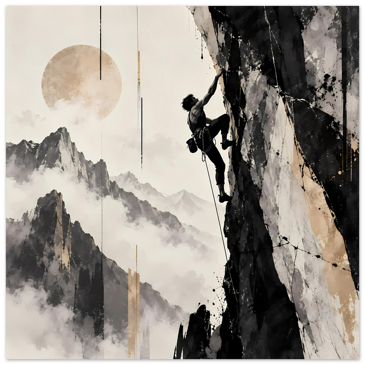Vertikales Poster mit Bergsteiger am Fels, Bergpanorama, Kreismotiv oben links