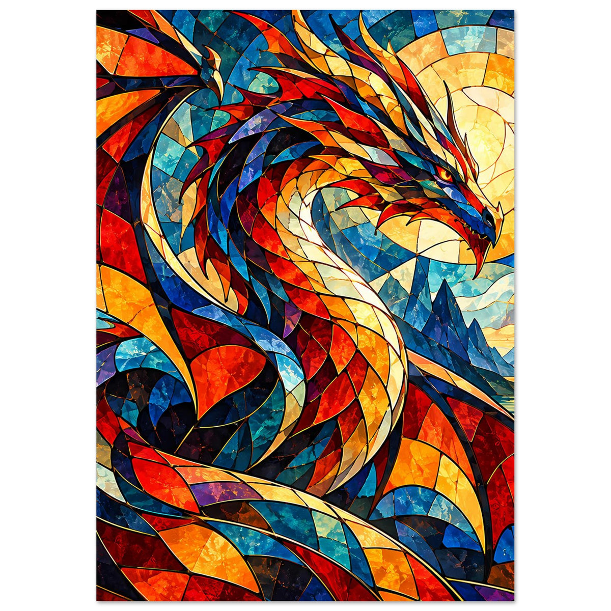Drachen-Glasmalerei-Poster im Hochformat: Drachenkopf mit Krone und Flammenzungen