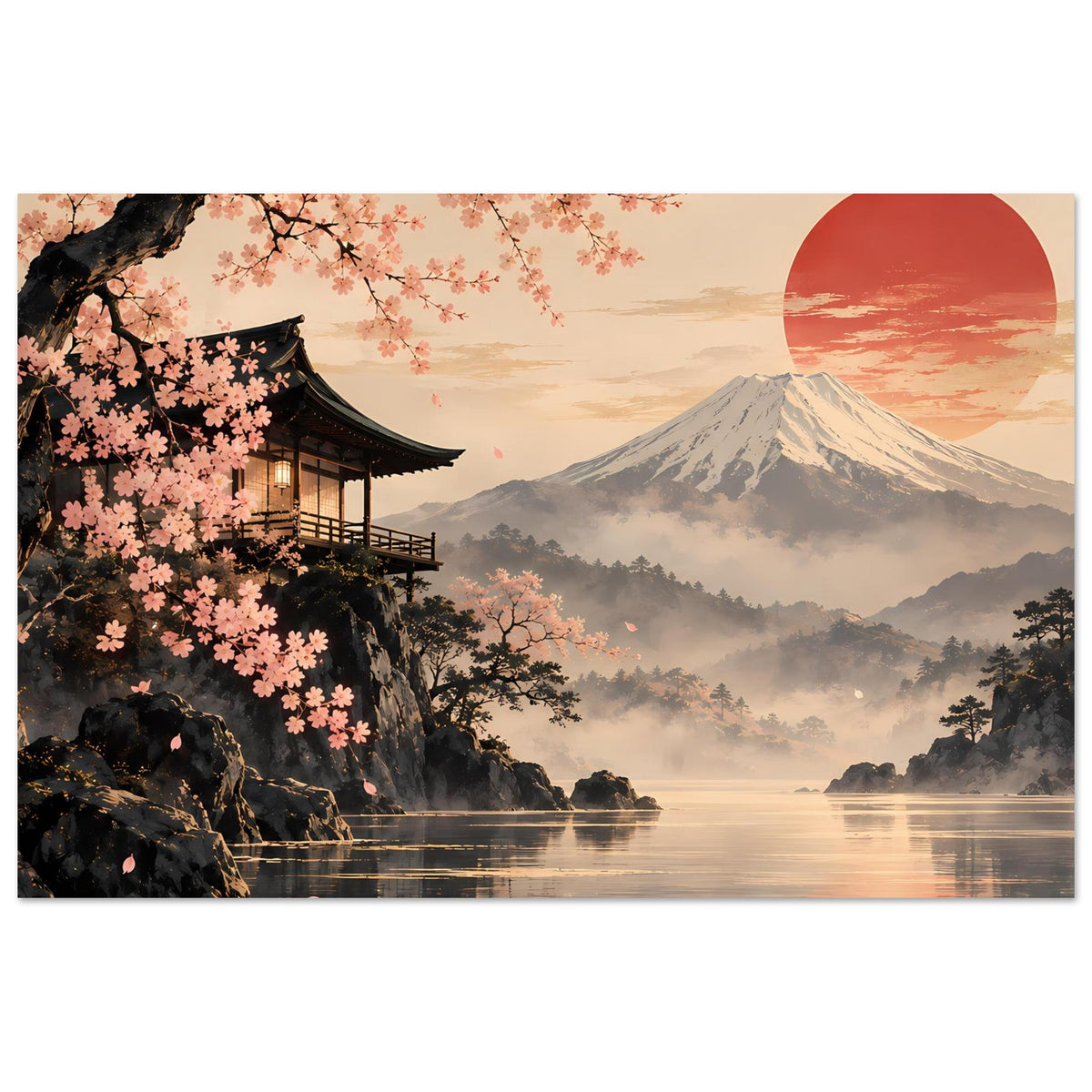 Wandposter im Querformat mit Kirschblüten, Tempel am Hang, Berg Fuji und roter Sonne