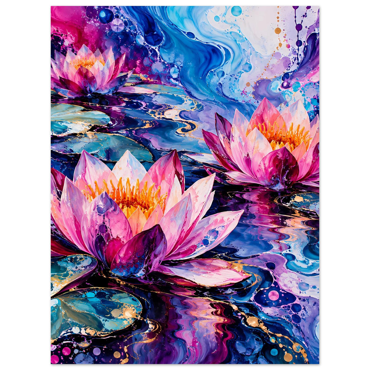 Abstraktes Seerosen-Blumenposter (hochkant): mehrere rosa Seerosen auf blau-violetten Wellen