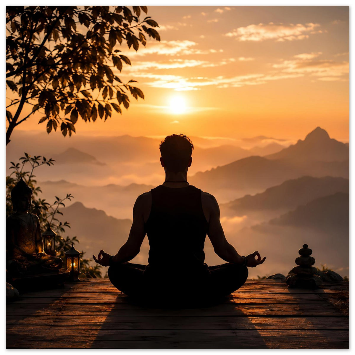 Gerahmtes Meditationsposter mit Lotus-Silhouette bei Sonnenuntergang und Steinweg unten