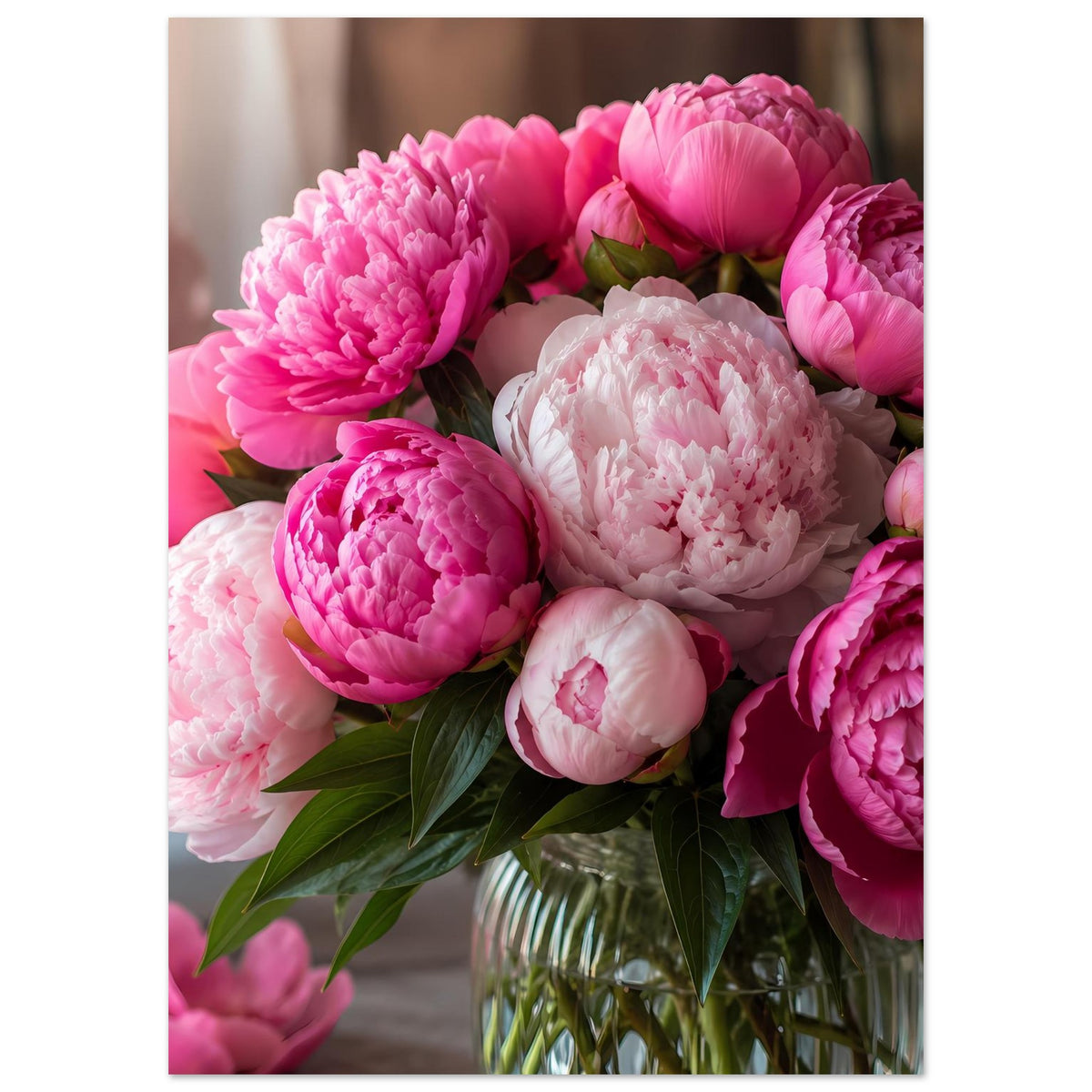 Blumenposter mit Pfingstrosenstrauß in Rosa und Weiß im Glas, vertikal