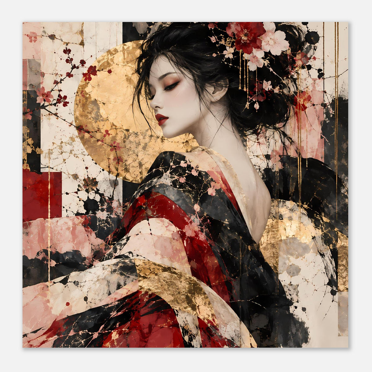 Asiatisches Kunstposter in Rot, Rosé und Gold mit Frau im Kimono
