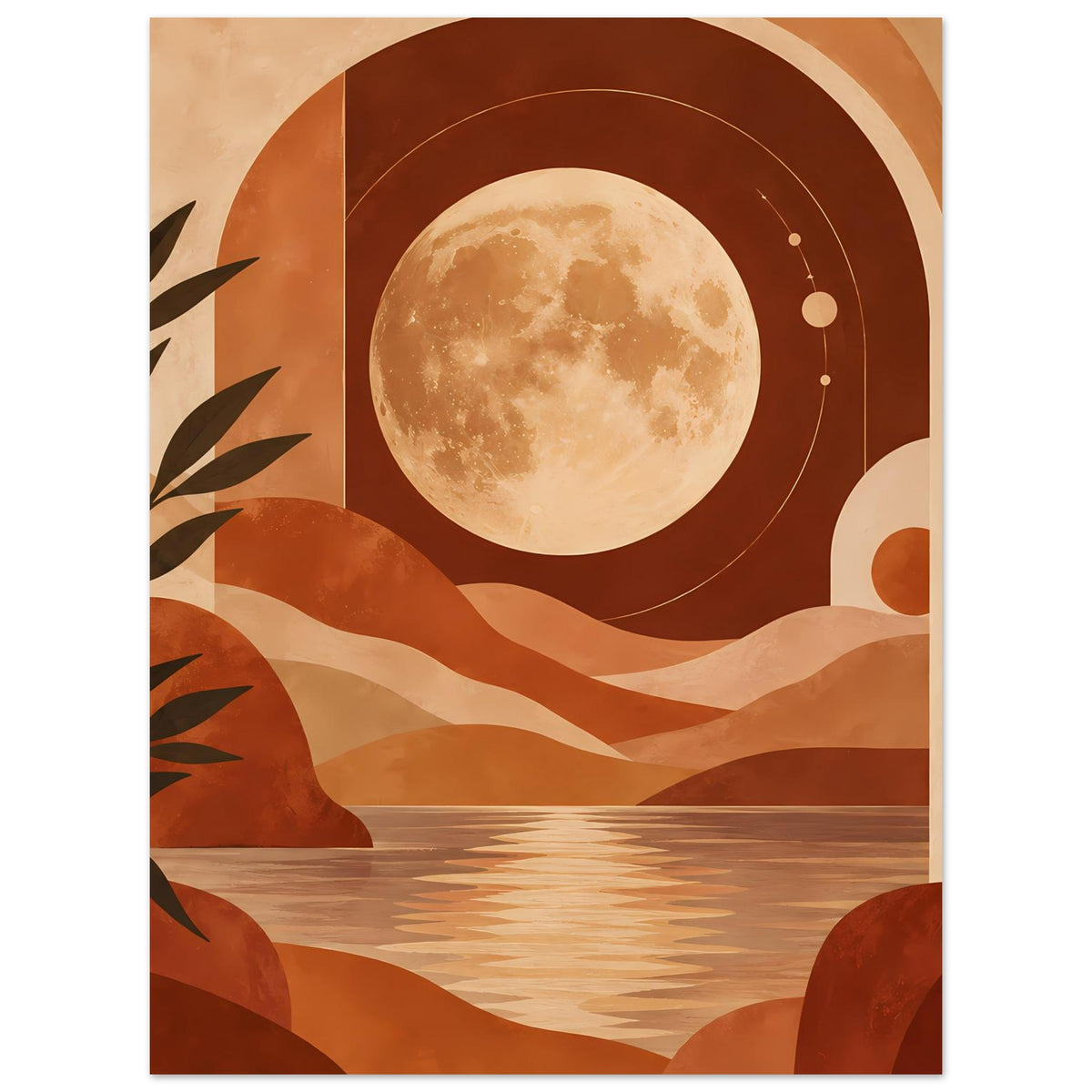 Boho-Poster mit Vollmond, Dünenlandschaft, konzentrischen Kreisen und Terrakotta-Ästhetik