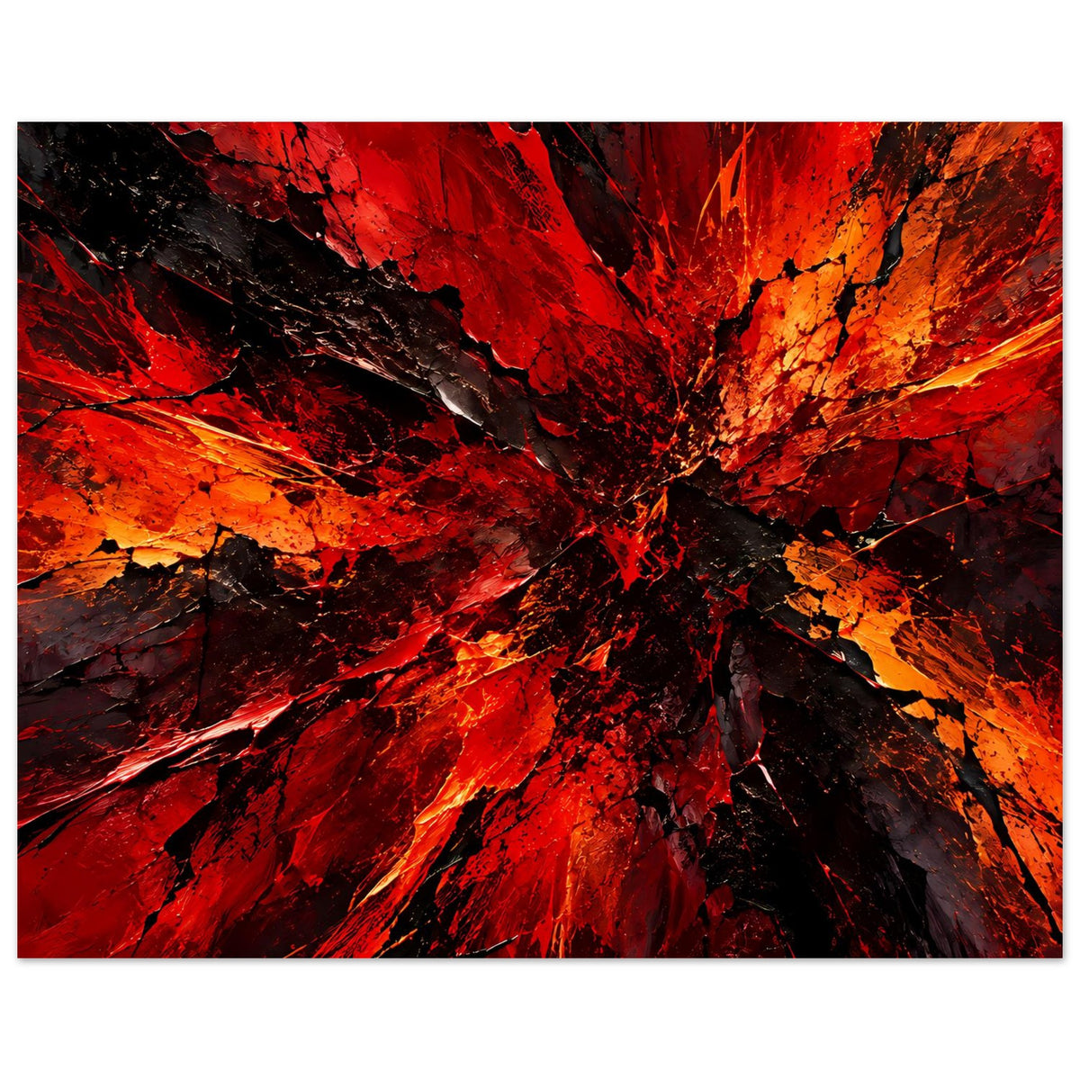 Abstraktes Wandposter im Querformat mit leuchtend roten Strahlen und orangefarbenen Flächen