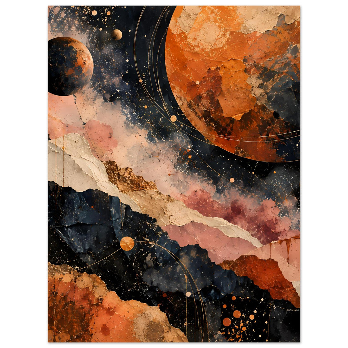 Abstraktes Weltraum-Landschaftsposter mit Planeten, Kreisen und warmen Erdtönen, vertikal