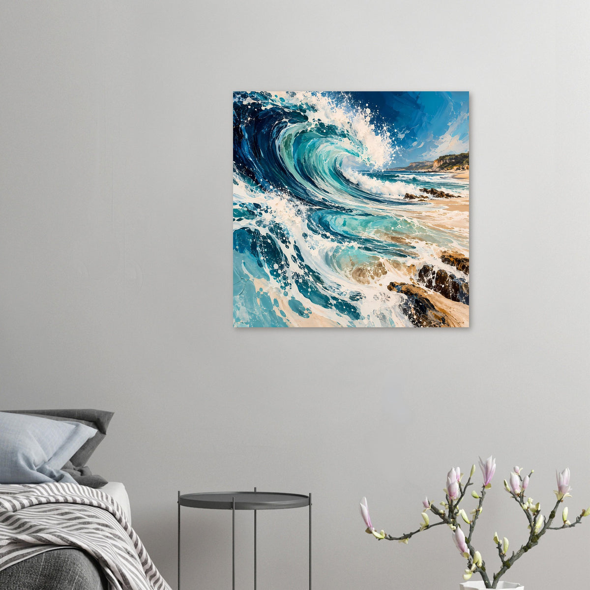 Kleines Poster mit Ozeanwelle in Blau und Türkis, weißer Gischt und Küstenlinie