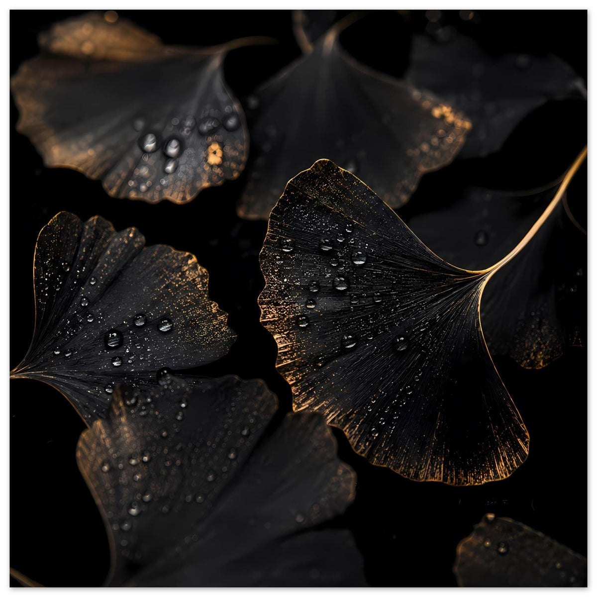 Poster mit Ginkgo-Blättern in dunklem Schwarz, goldenen Akzenten und Wassertropfen