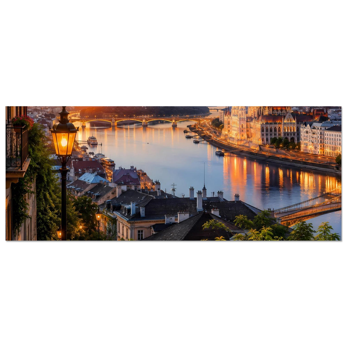 Cityscape-Poster im Querformat: Sonnenuntergangs-Stadt an ruhigem Fluss mit Lichtreflexen